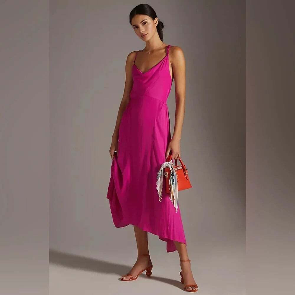 Maeve Anthropologie Maxi Slip Dress Size 10 Hot Pink Satin Wedding Guest Event